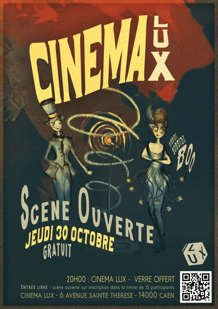 Affiche scène ouverte au Cinéma LUX de Caen 2025 - Style cabaret