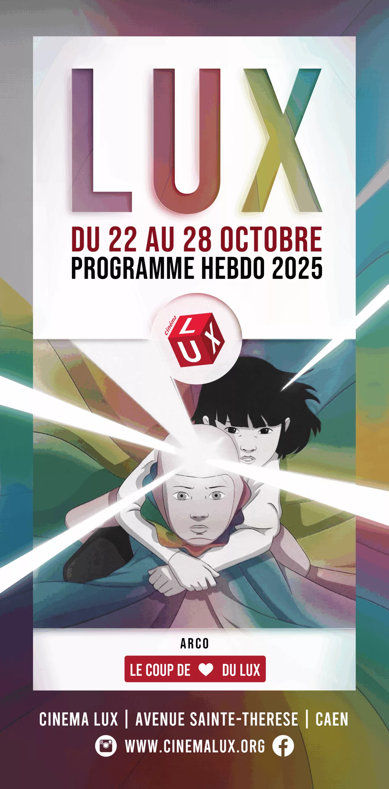 Couverture du programme du Cinéma LUX le 22 octobre 2025 avec le film d'animation Français Arco