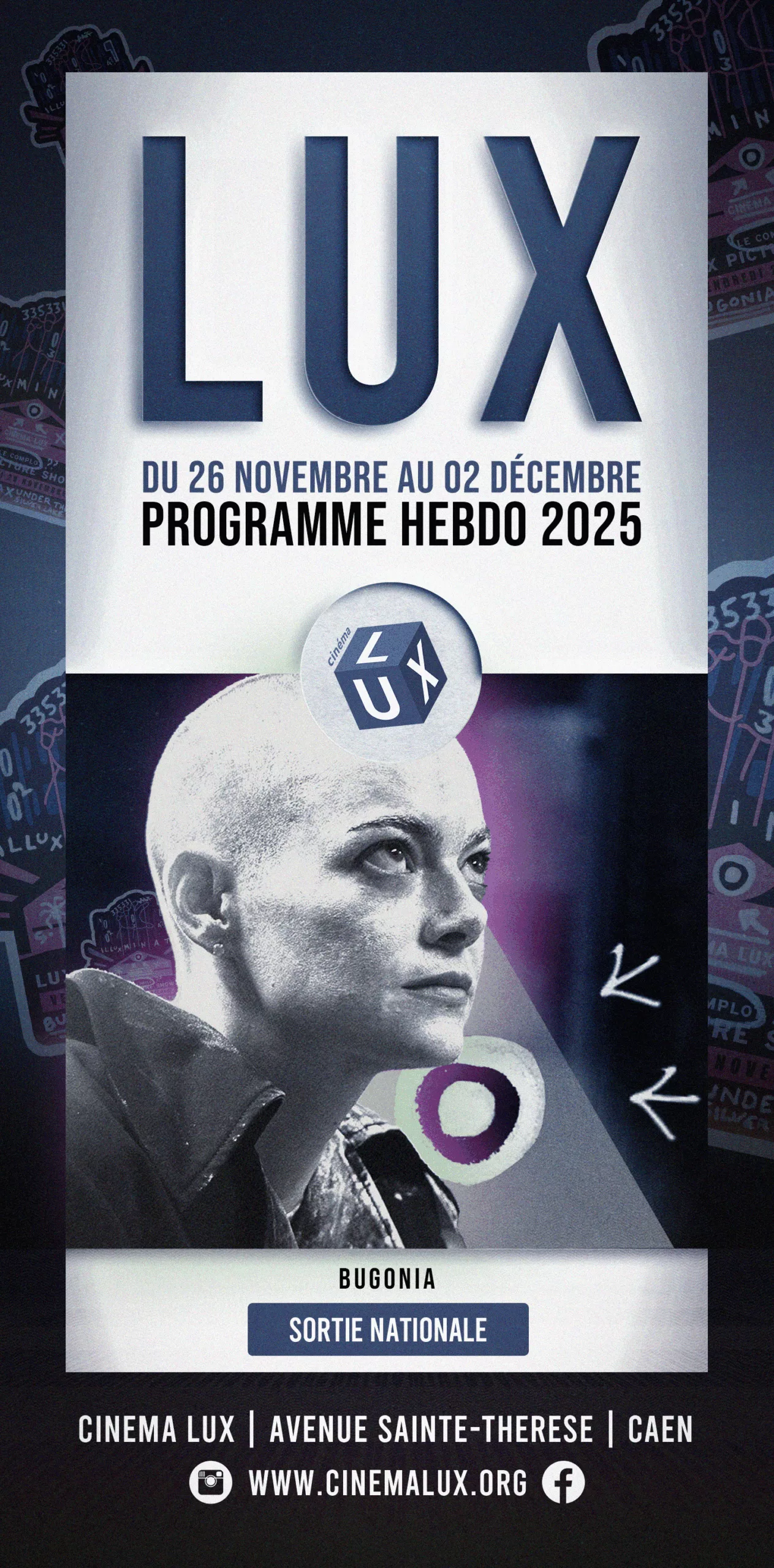 Couverture du programme du Cinéma LUX de Caen avec Bugonia pour la soirée Illuxminati 2025