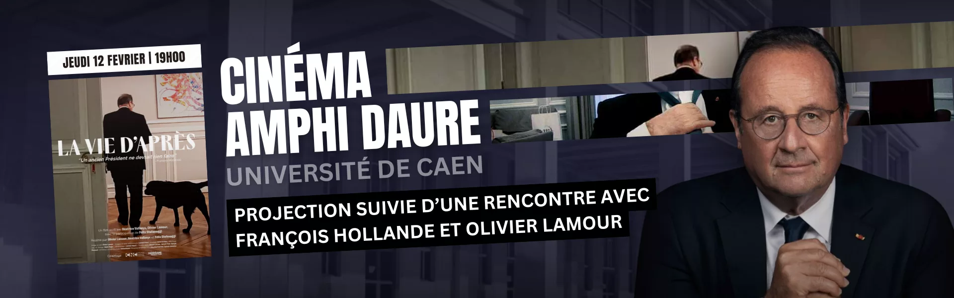 François Hollande à l'Université de Caen pour le documentaire La vie d'après en février 2026